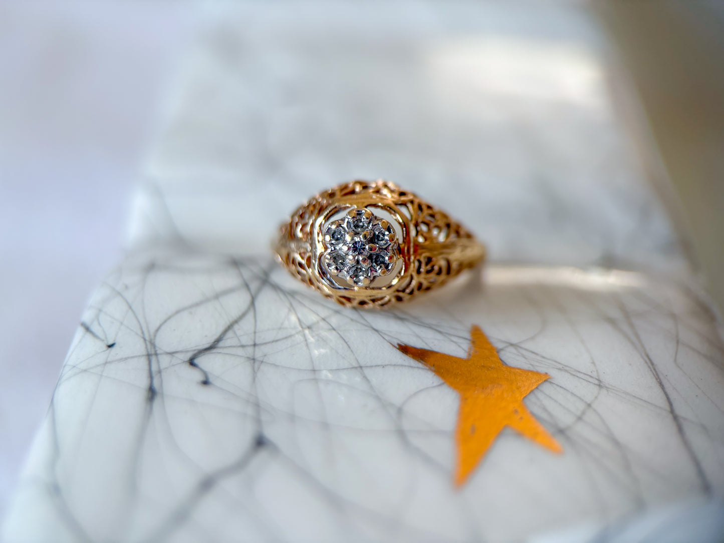 Vintage Natural Diamond 14k Yellow Gold Filigree Pinky Ring