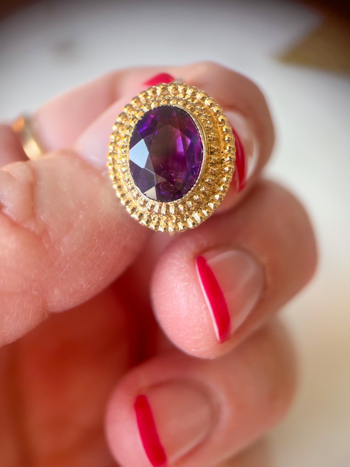 Vintage Natural Oval Amethyst 14k Yellow Gold Earrings, circa 1980s