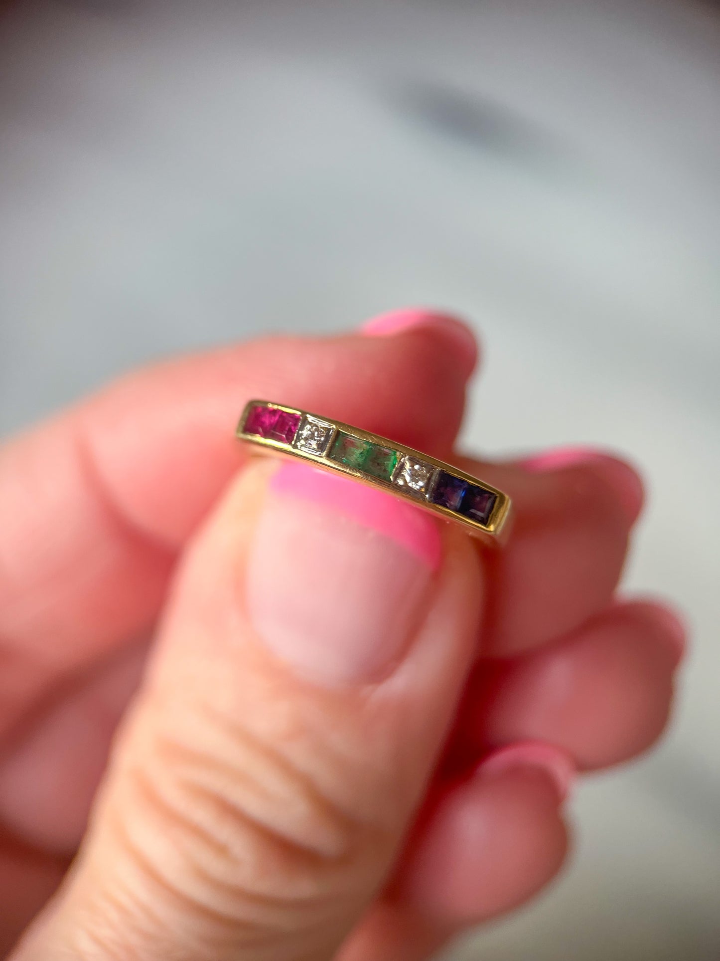 Vintage Natural Diamond, Ruby, Emerald and Sapphire 14k Yellow Gold Ring