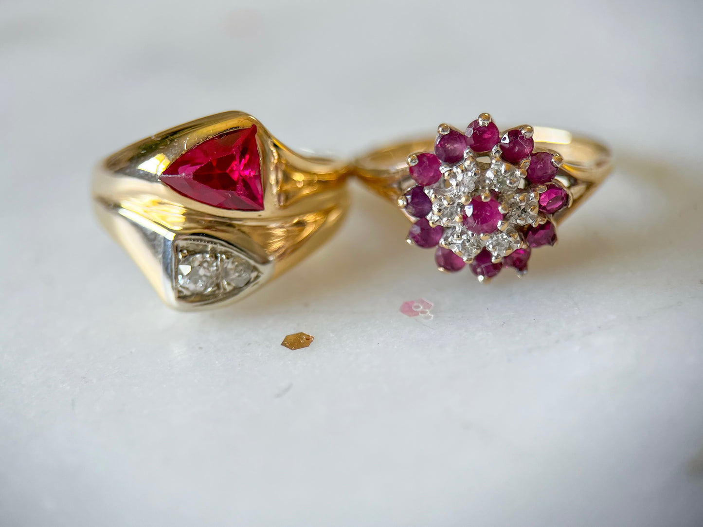 Vintage Natural Ruby and Natural Diamond Cluster 14k Yellow Gold Ring