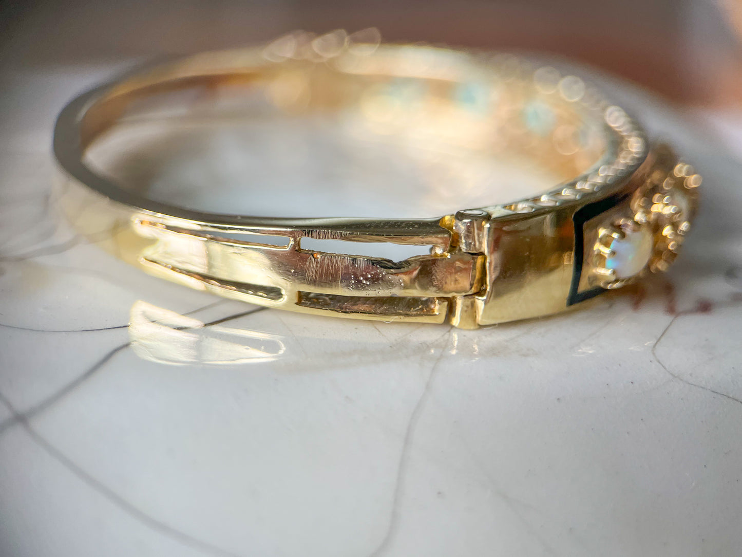 Vintage Opal, Natural Diamond and Enamel 14k Yellow Gold Bangle