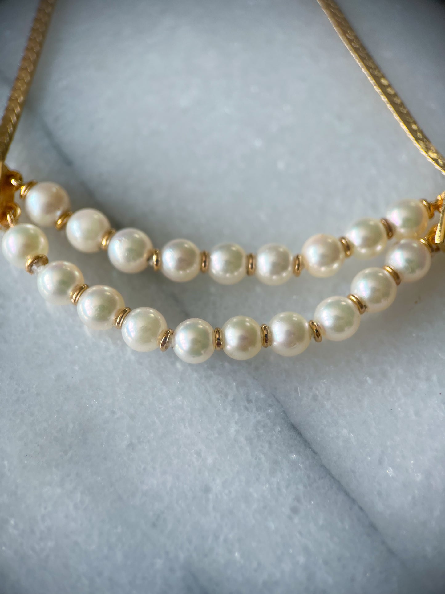 Vintage Herringbone Chain with Pearl Double Accent 14k Yellow Gold 16.5 Inch Necklace