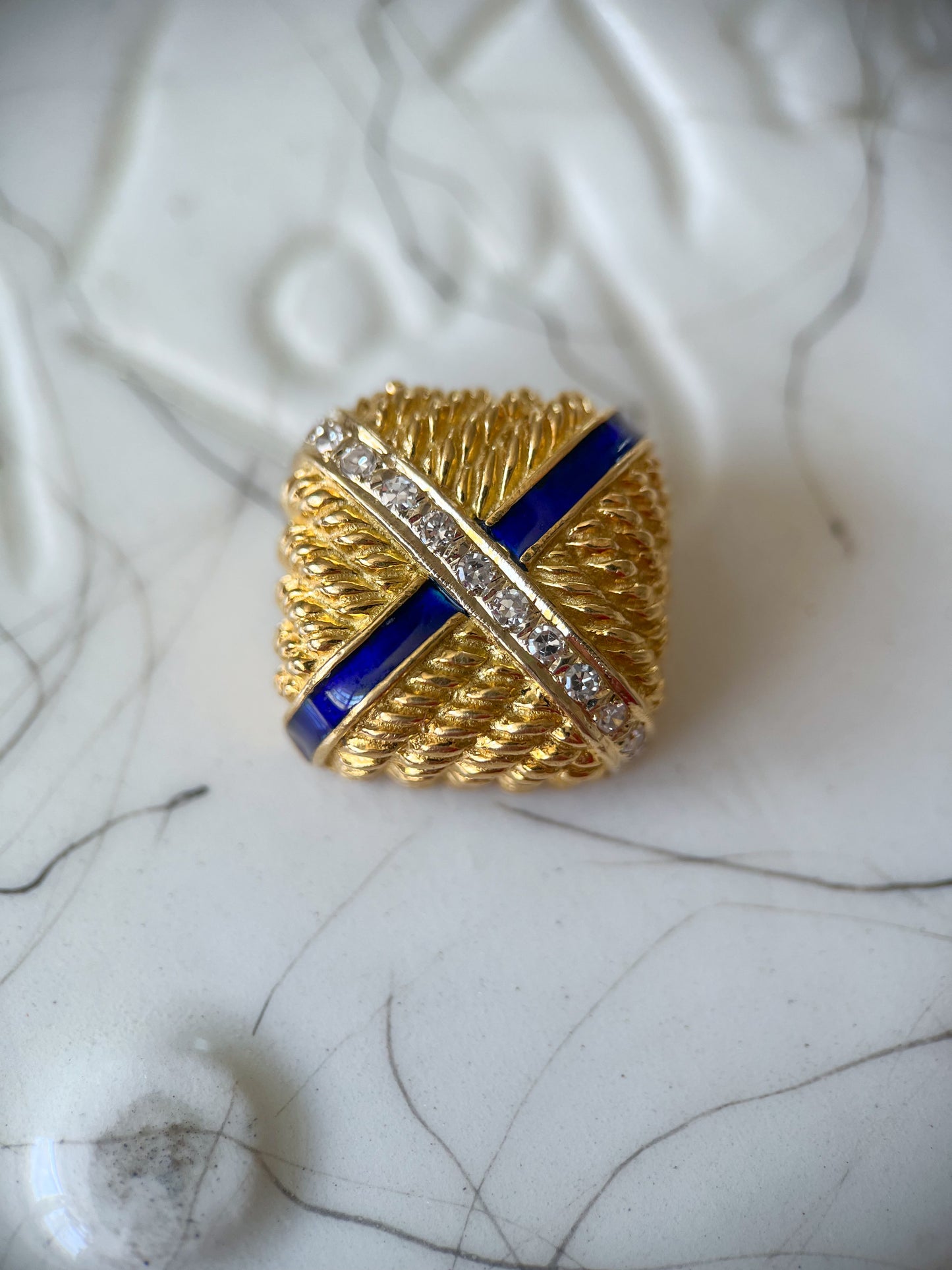 Vintage Blue Enamel and Natural Diamond Square 14k Yellow Gold Slider, circa 1960s