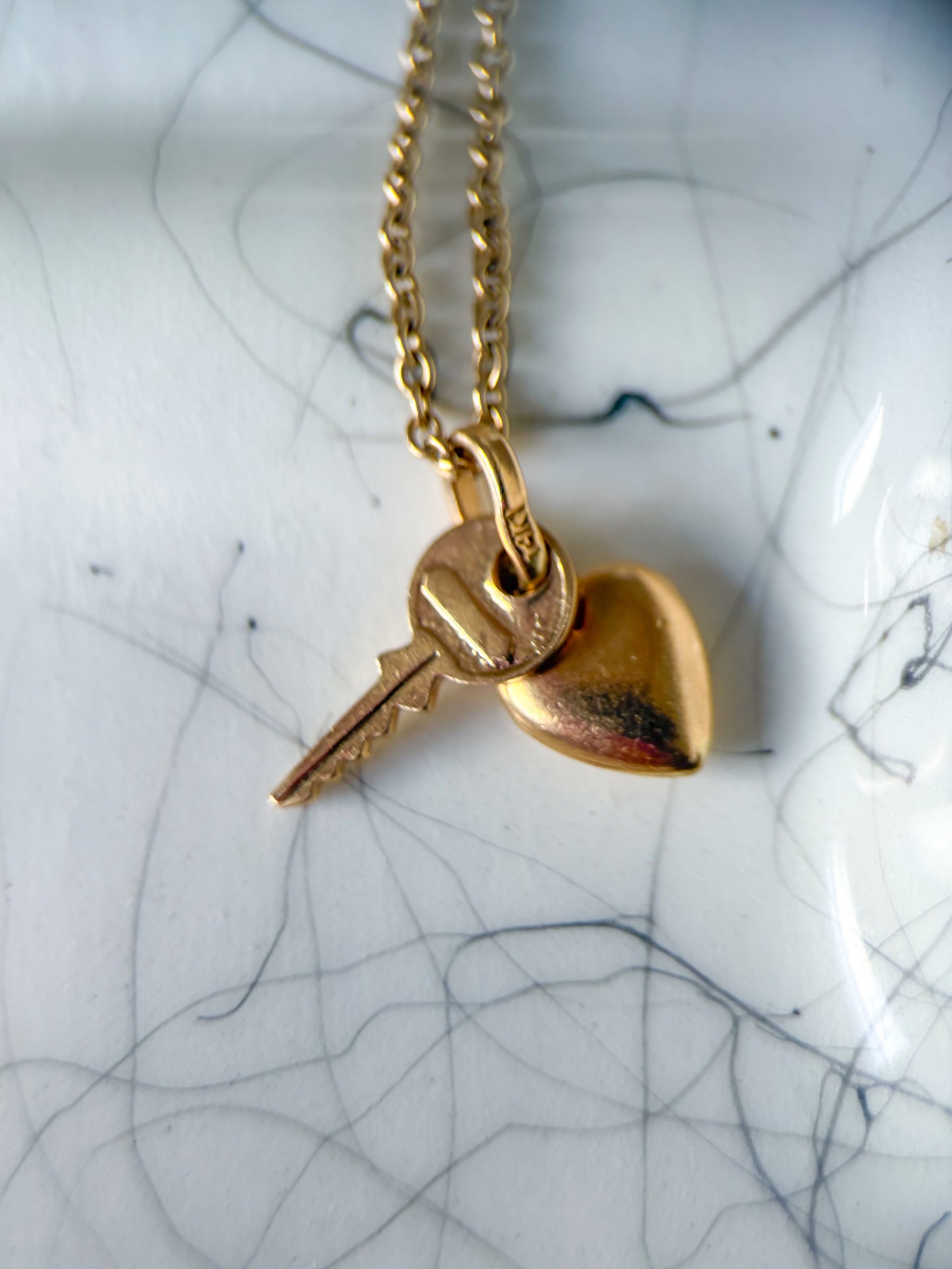 Vintage Mini Puffy Heart and Key 14k Yellow Gold Charm