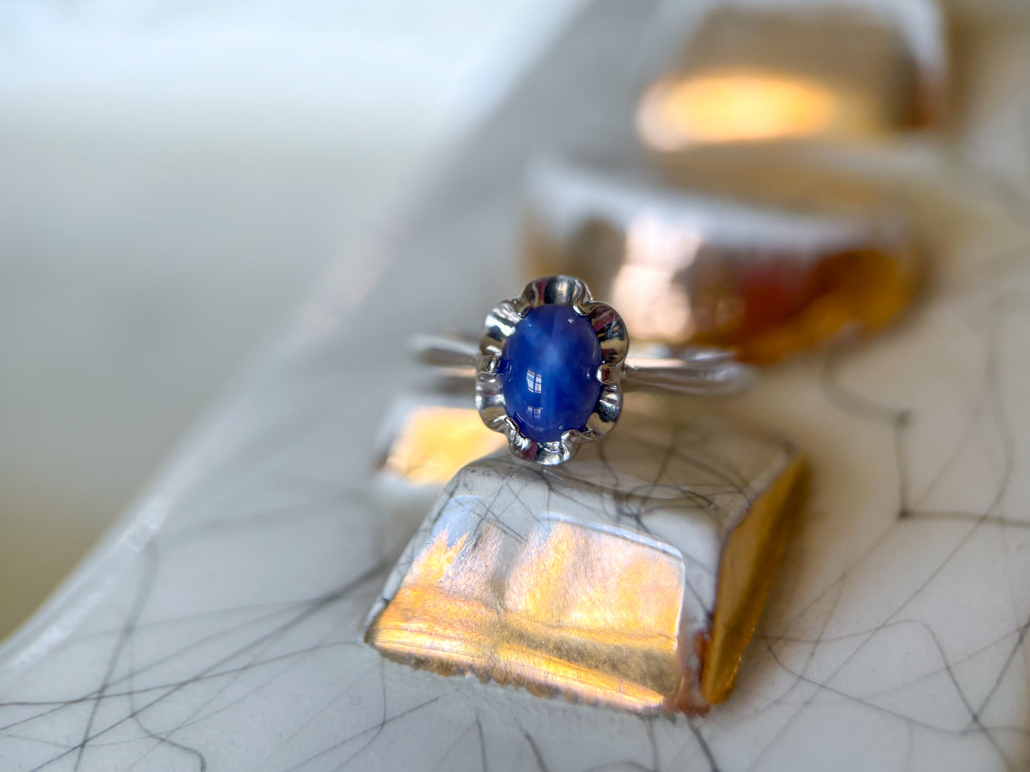 Vintage Synthetic Star Sapphire 10k White Gold Ring