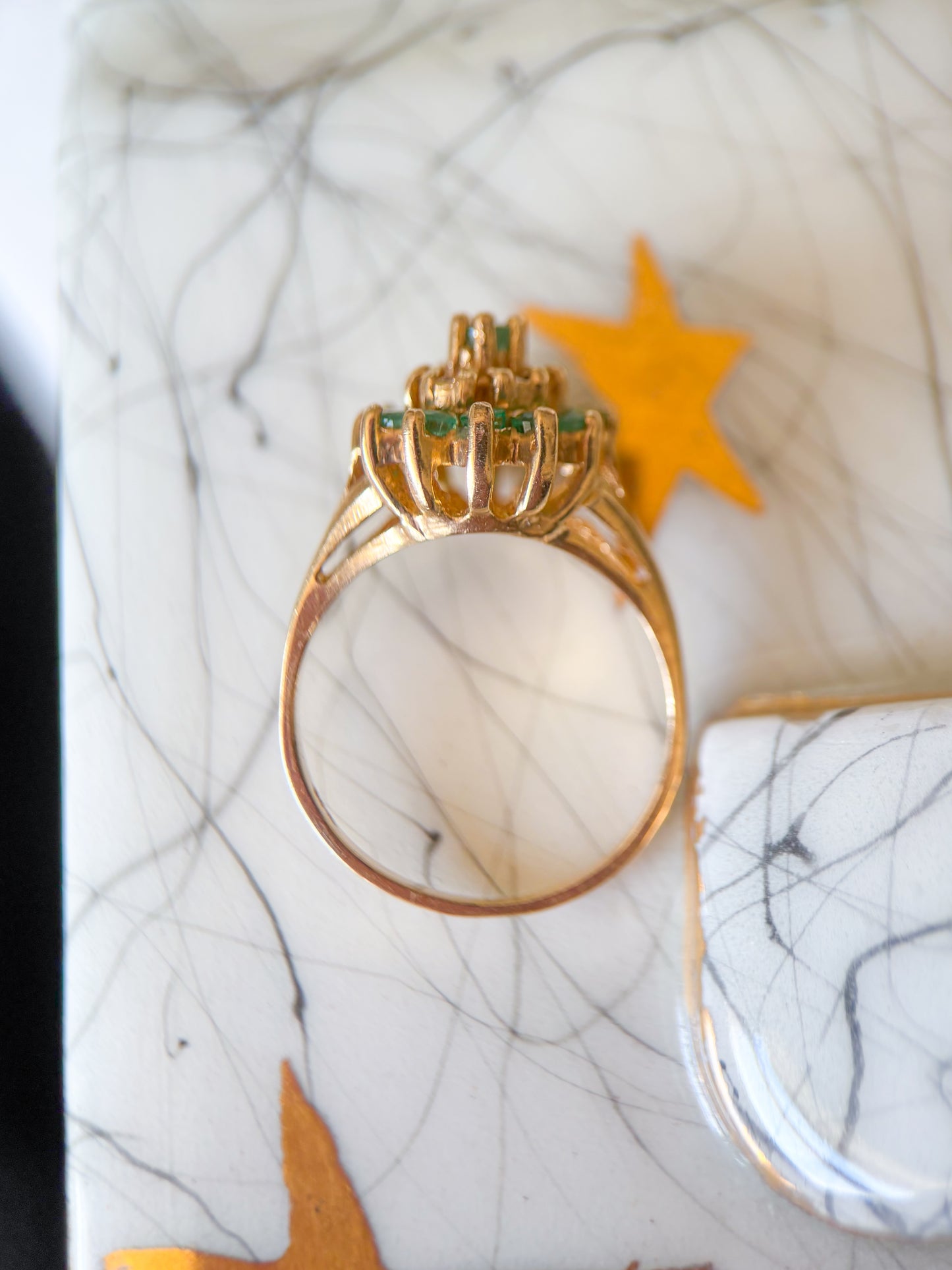 Vintage Natural Emerald and Diamond Cluster 14k Yellow Gold Ring