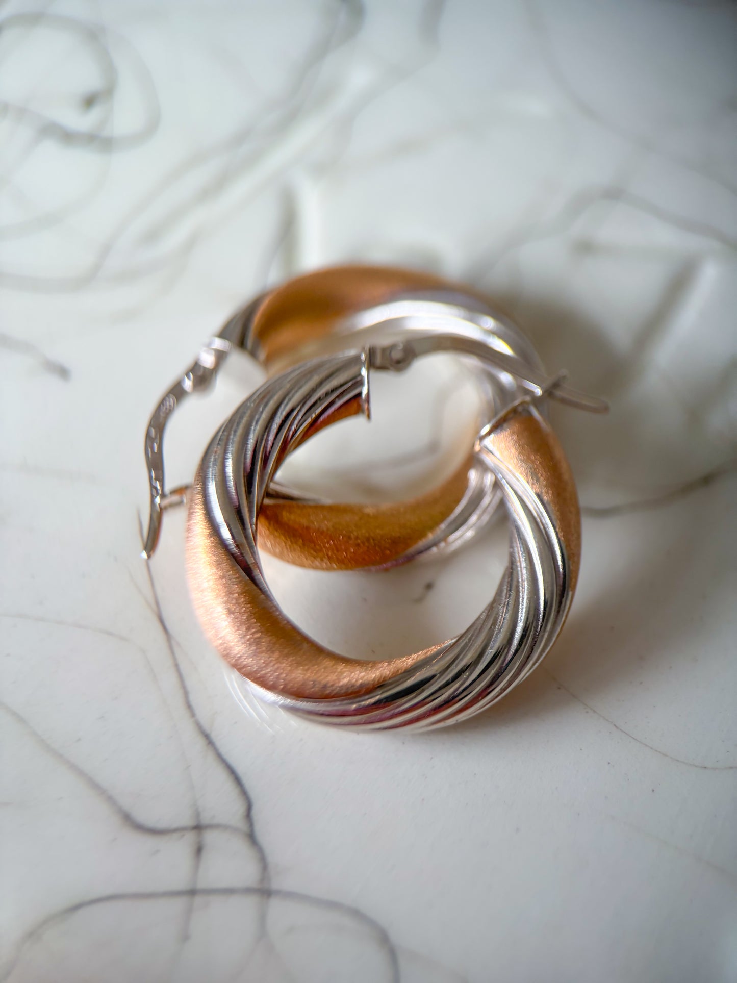 Vintage Two Toned Tube 14k Yellow and White Gold Hoop Earrings