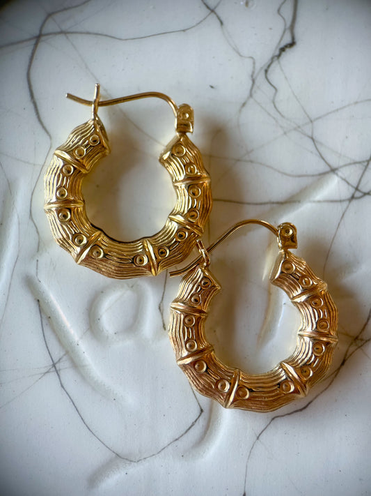Bamboo Chunky 10k Yellow Gold Hoop Earrings