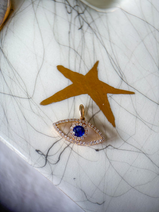 Natural Diamond and Sapphire Evil Eye 14k Yellow Gold Charm