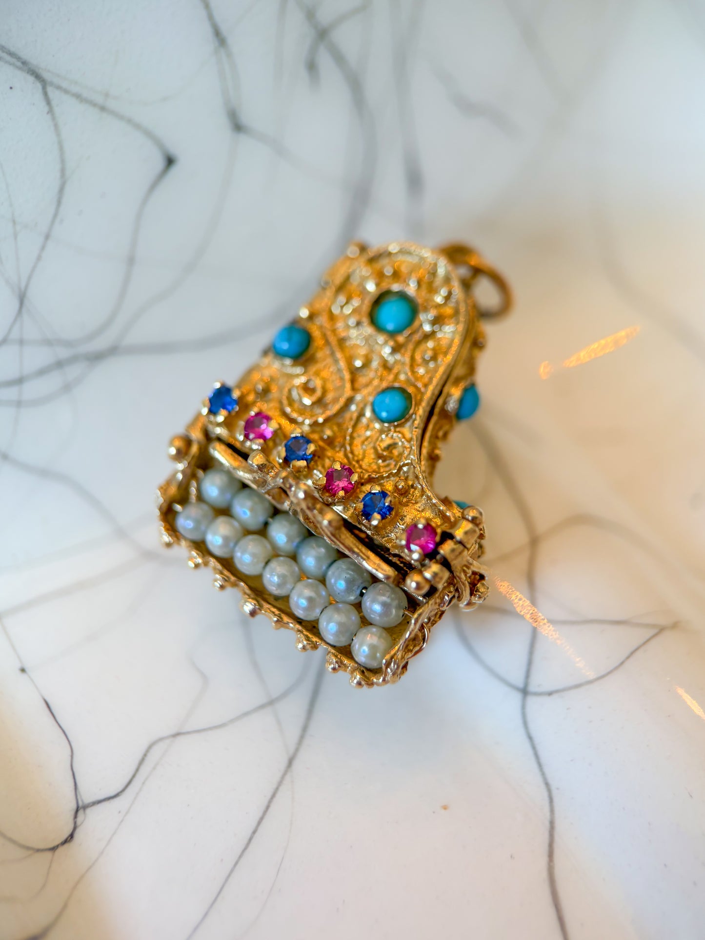 Vintage Grand Piano Charm - Ruby, Sapphire, Pearl, Turquoise and 14k Yellow Gold, circa 1950s