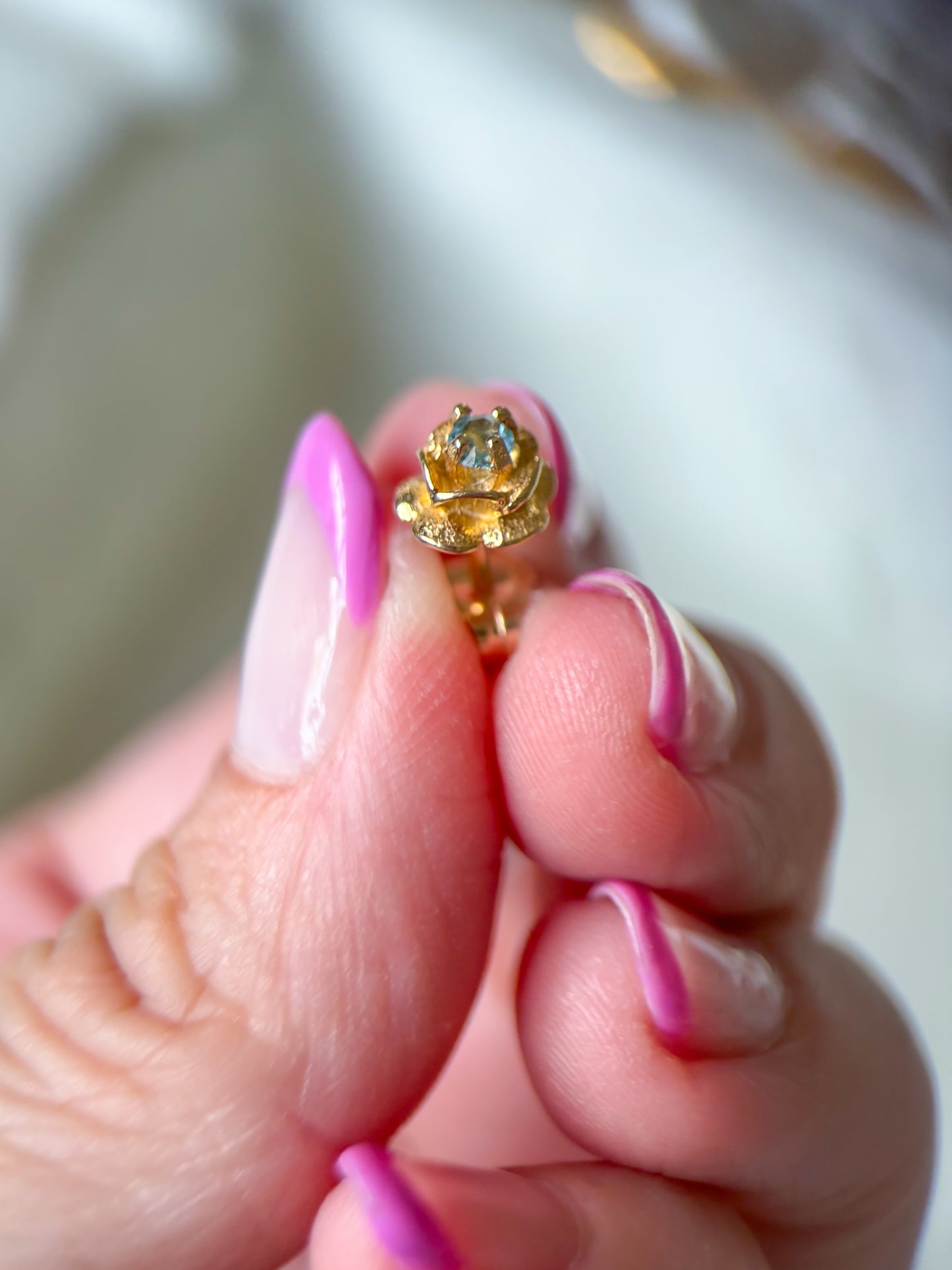 Vintage Rose Studs with Natural Aquamarine 14k Yellow Gold Earrings