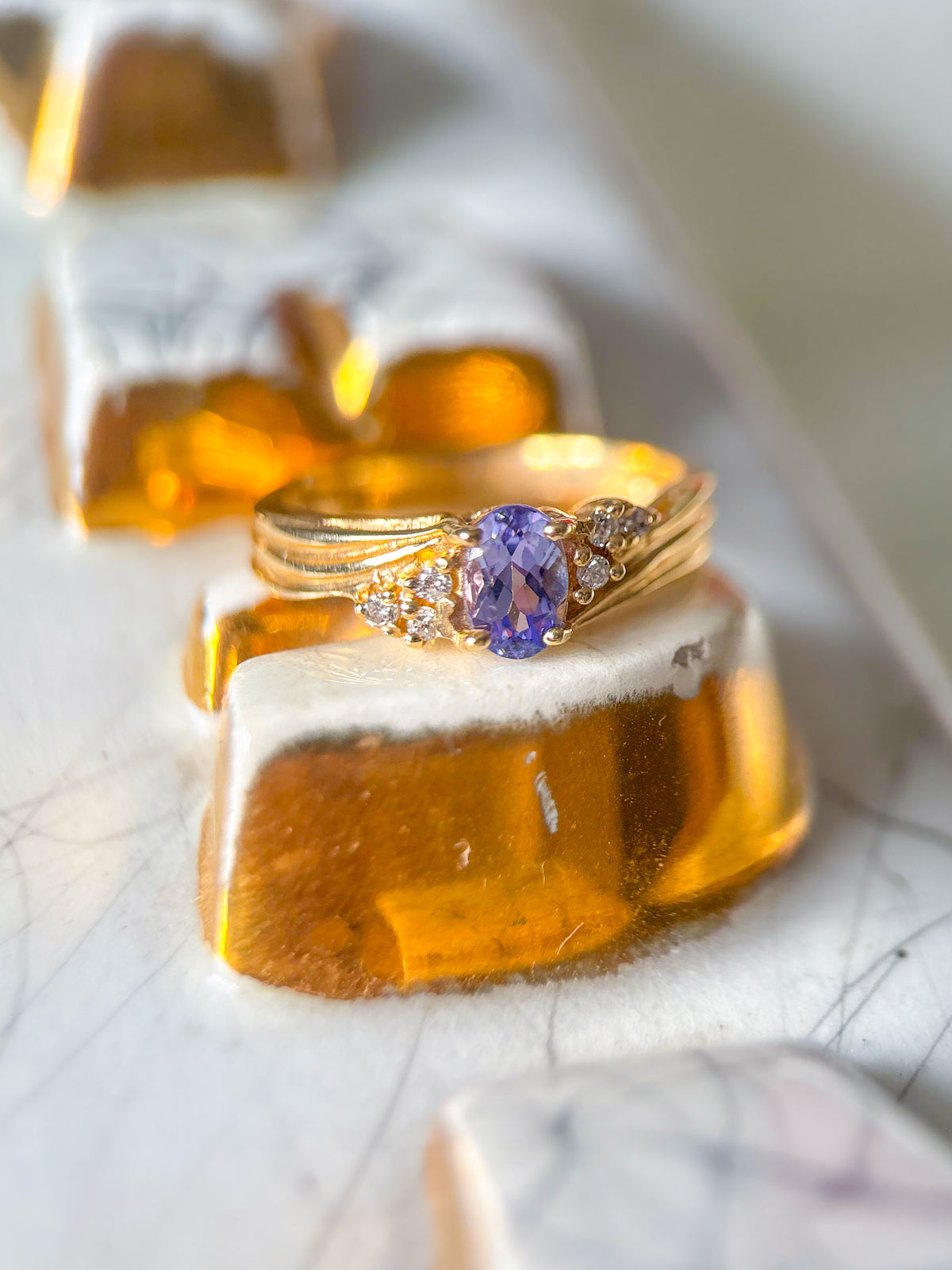 Vintage Natural Tanzanite and Natural Diamond 14k Yellow Gold Ring