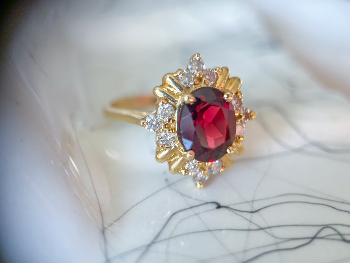 Vintage Natural Oval Garnet and Diamond 14k Yellow Gold Ring