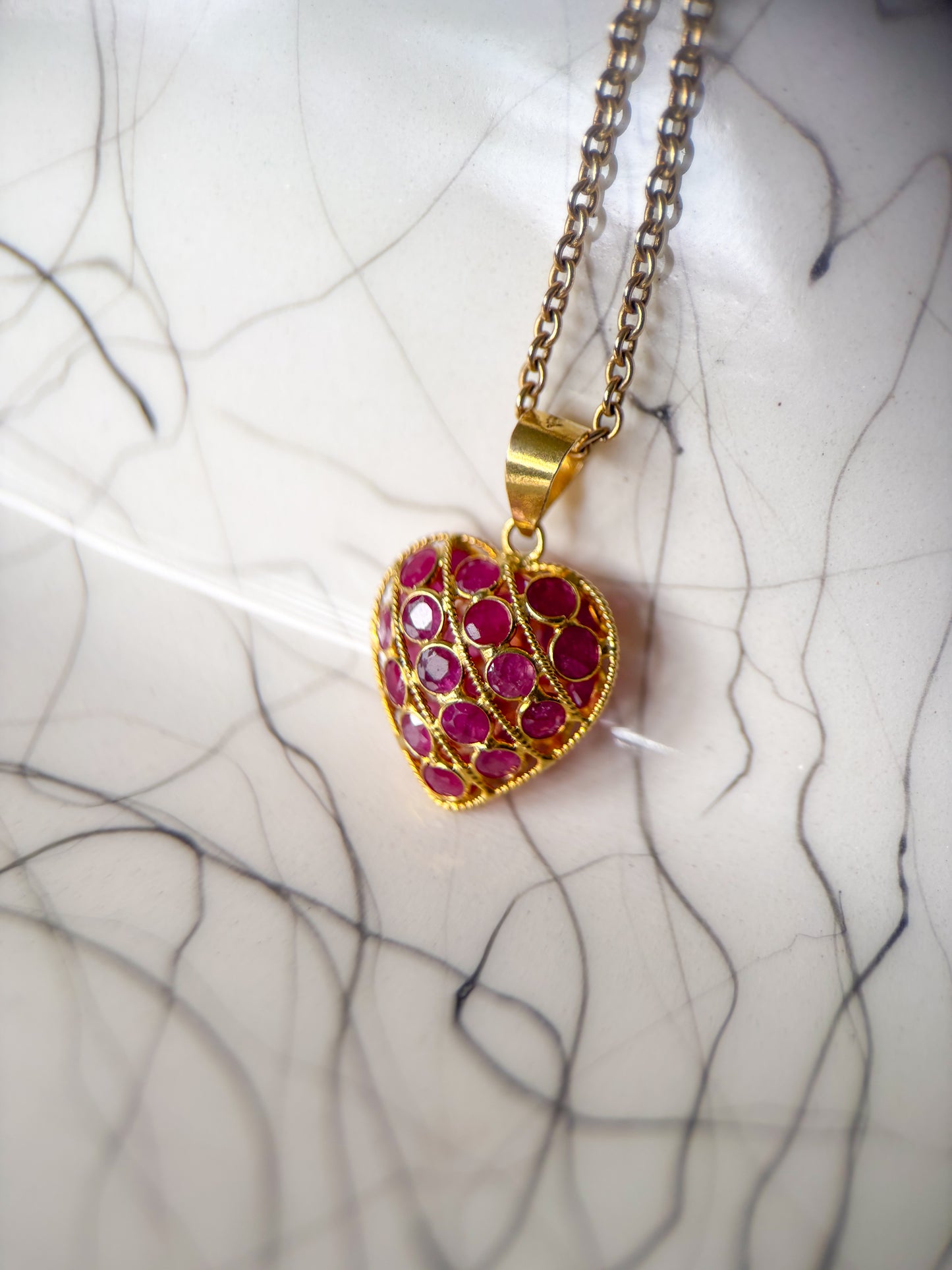Vintage Natural Ruby Puffy Heart 18k Yellow Gold Charm, Circa 1990's