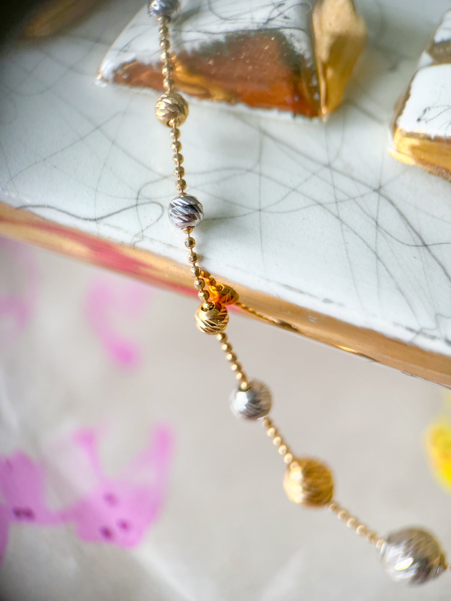 Vintage Two Toned Ball Chain with Two Toned Ball Accents 14k Yellow and White Gold Necklace