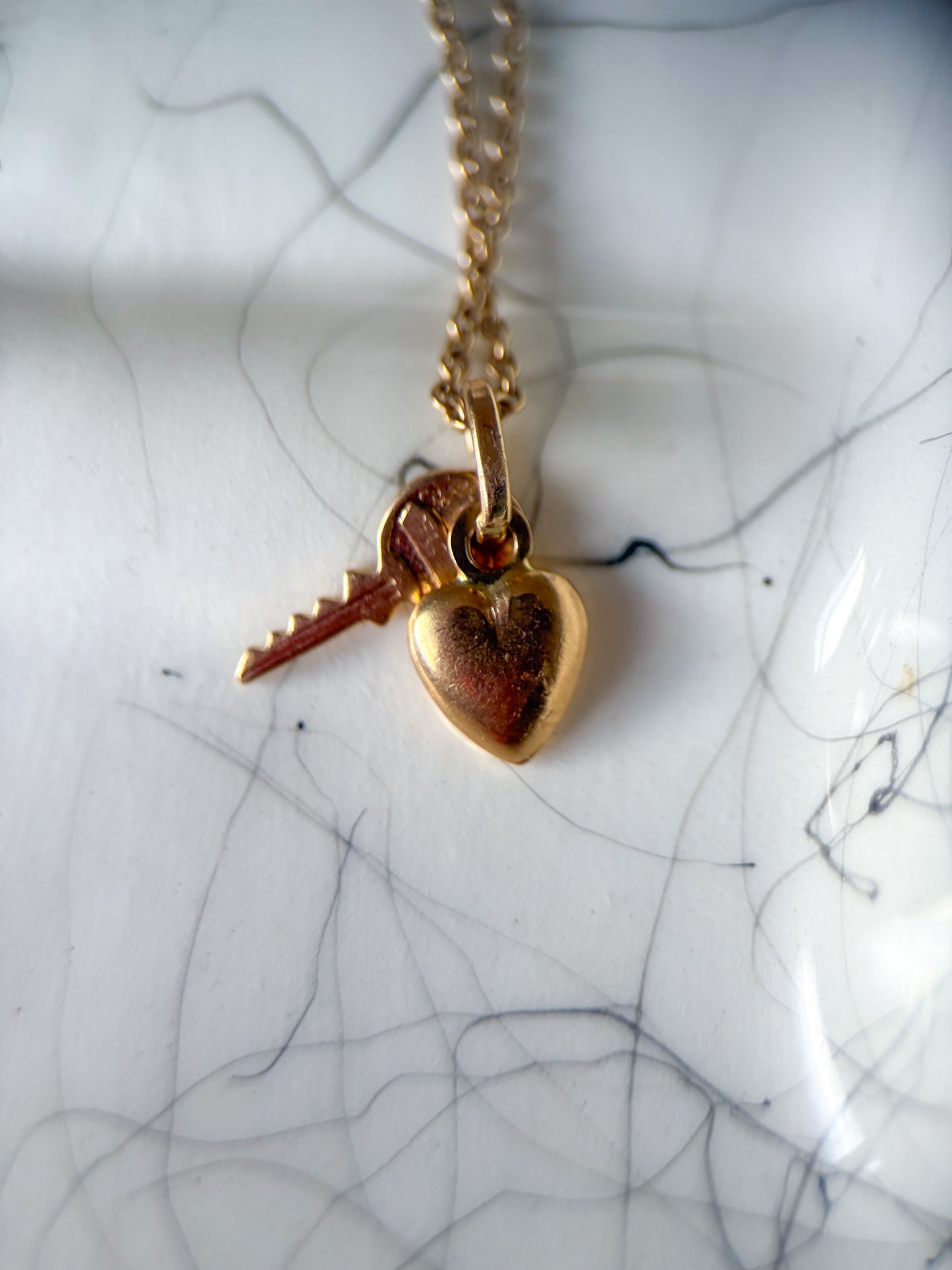 Vintage Mini Puffy Heart and Key 14k Yellow Gold Charm