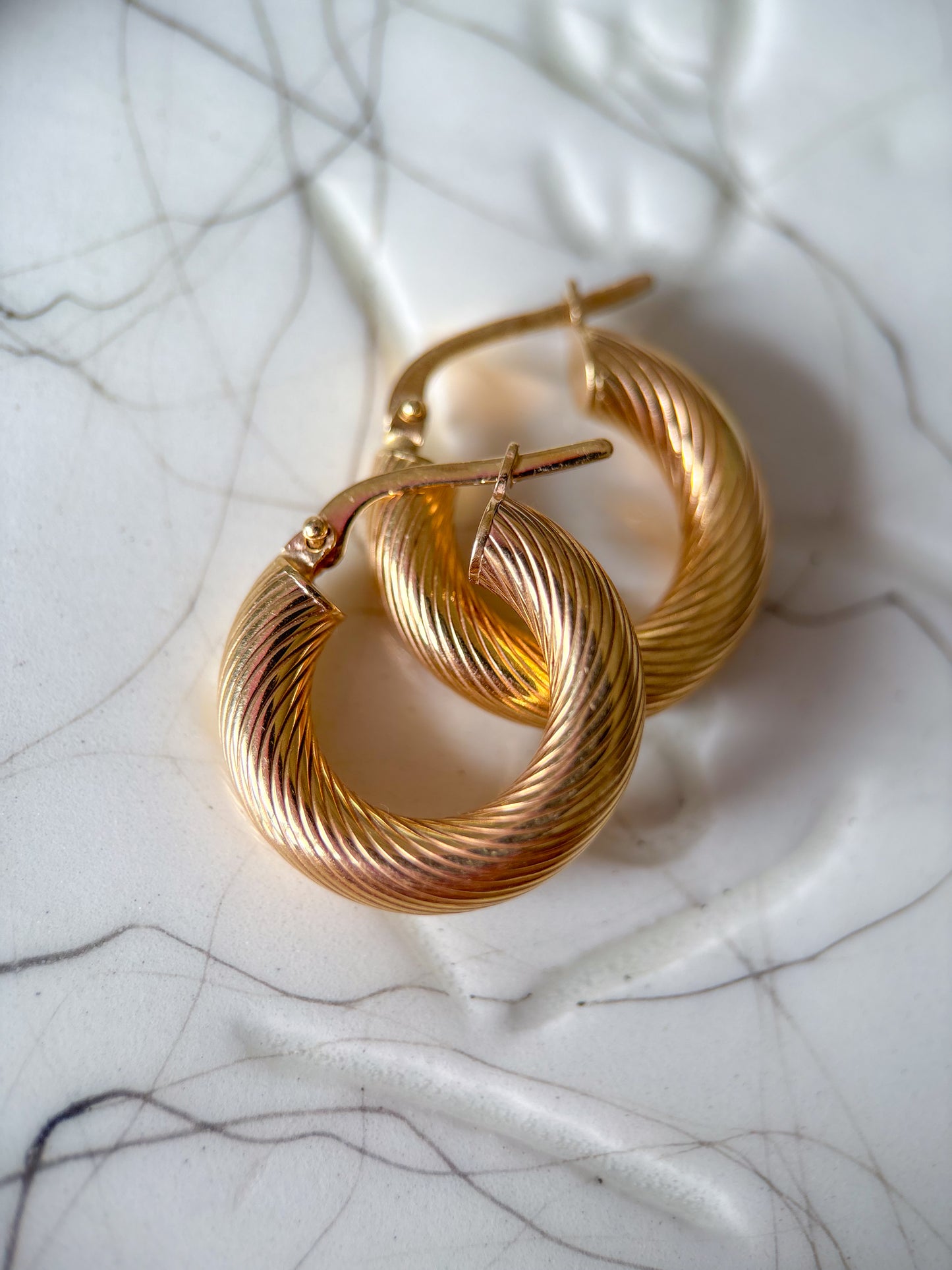 Vintage 14k Yellow Gold Thick Etched Hoop Earrings