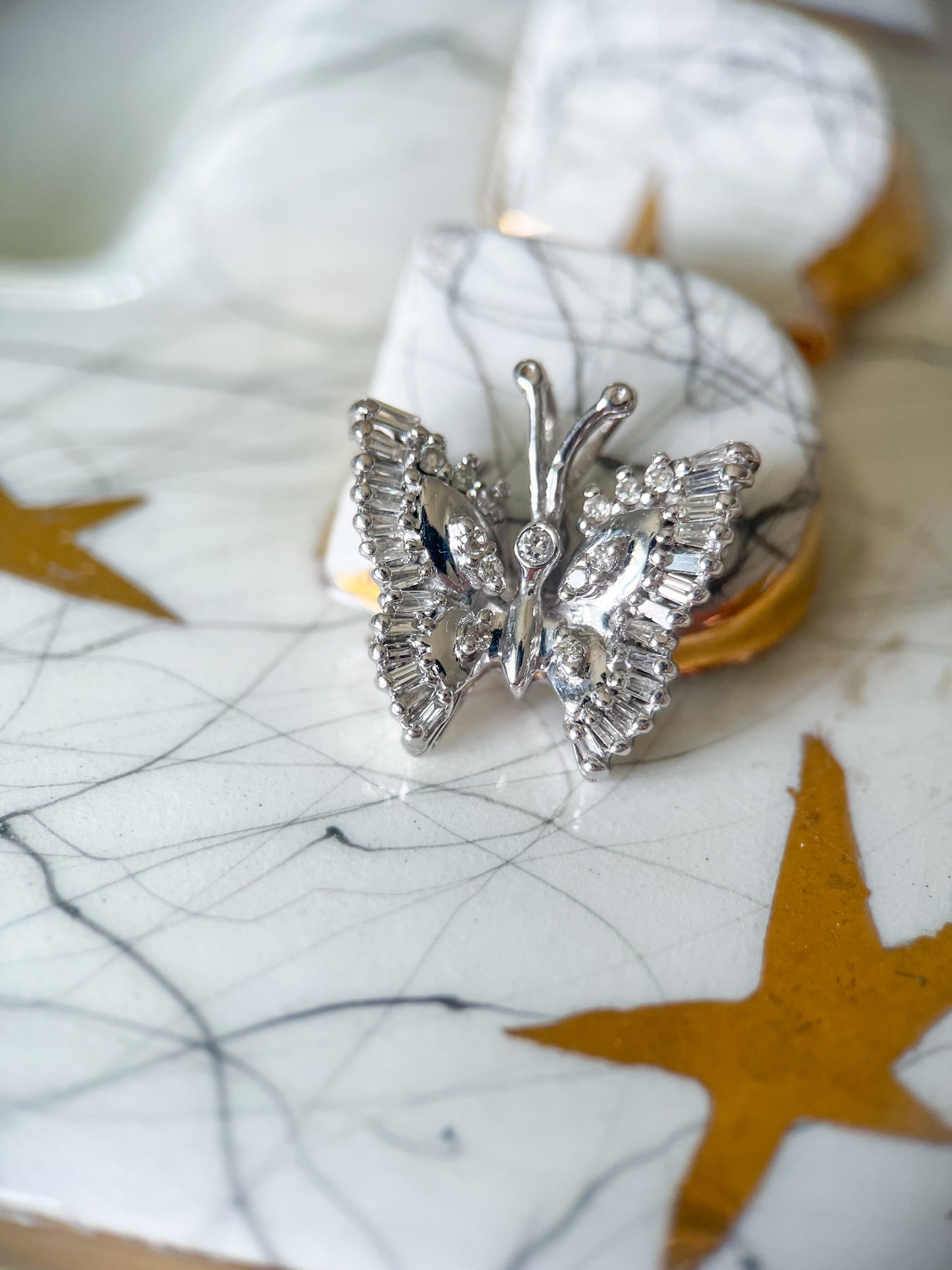 Vintage Natural Diamond Butterfly 14k White Gold Charm