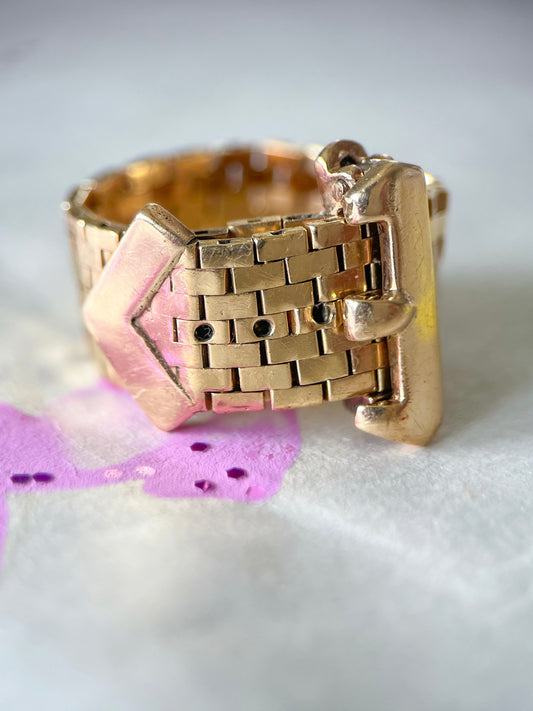 Vintage Panther Chain Flex 14k Yellow Gold Band Ring with Buckle