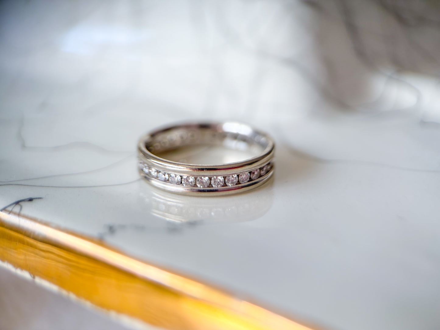 Vintage Natural Round Channel Setting 14k White Gold Eternity Band, Size 6.25