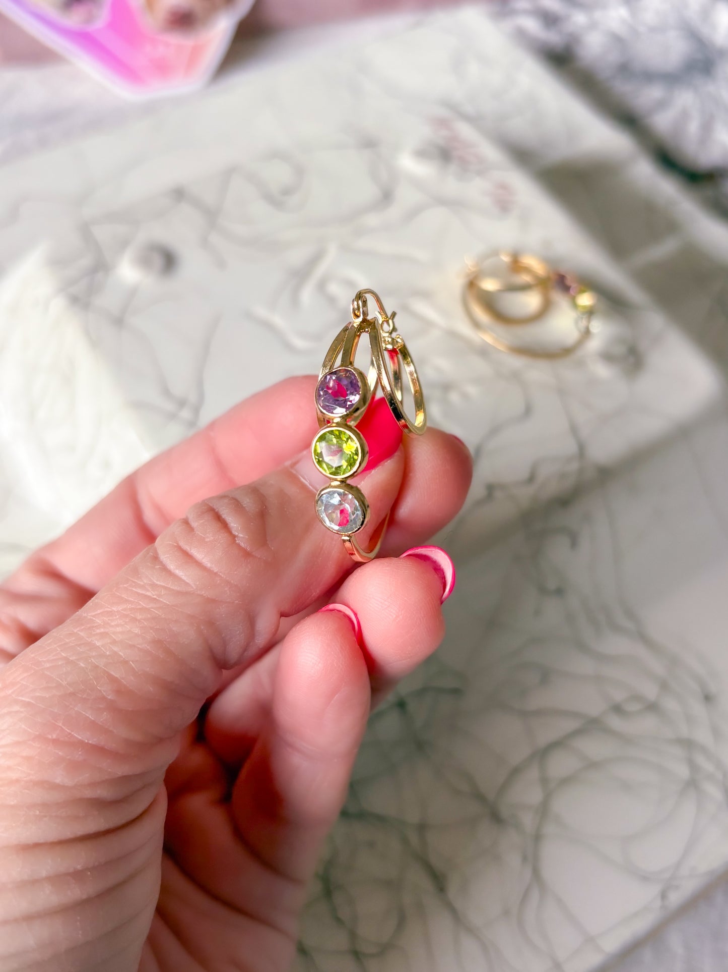 Vintage 3 Stone CZ 14k Yellow Gold Triple Hoop Earrings
