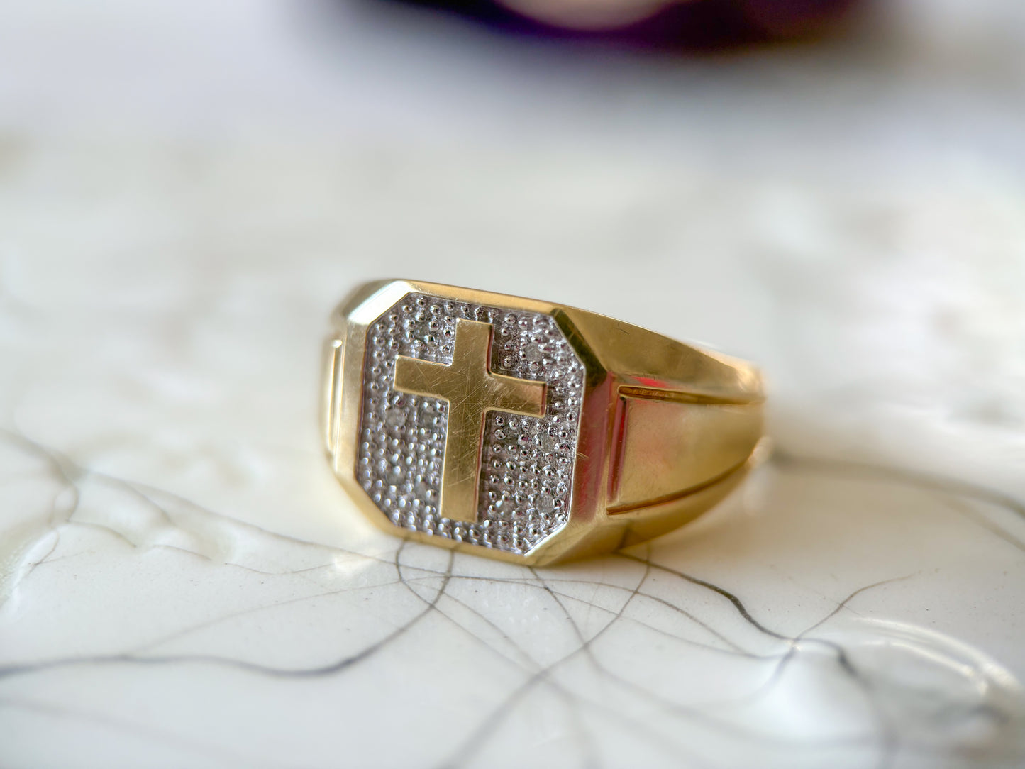 Vintage Cross Natural Diamond 10k Yellow Gold Men's Ring
