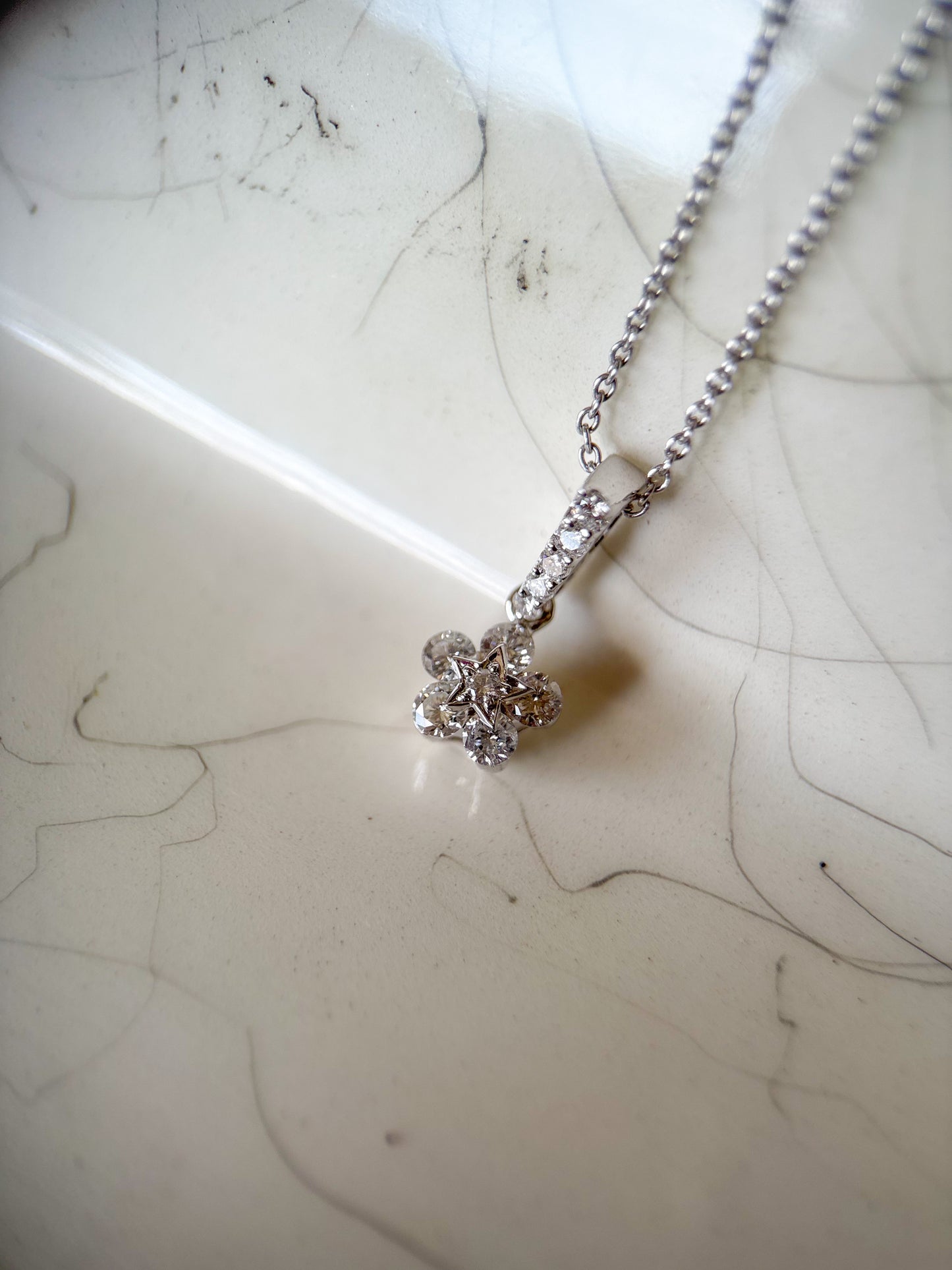 Vintage Natural Diamond Flower 18k White Gold Charm with 17 Inch Chain