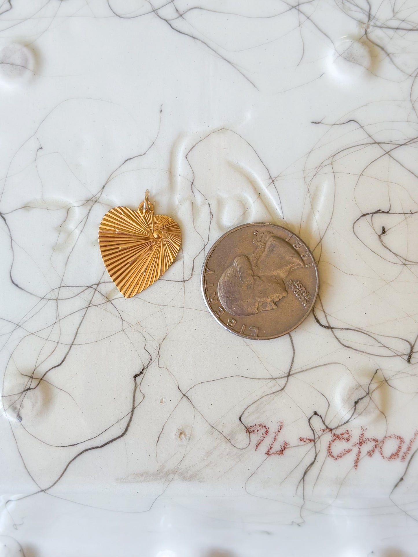 Vintage Engine Turned Heart 14k Yellow Gold Charm, Engraved: "I Am The Lord Thy God"