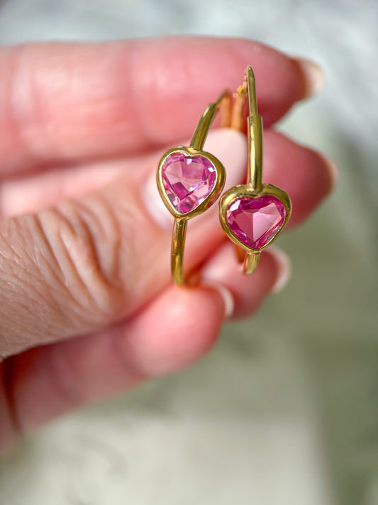 Vintage 18k Yellow Gold Thin Tube Hoops with Pink Heart Stones