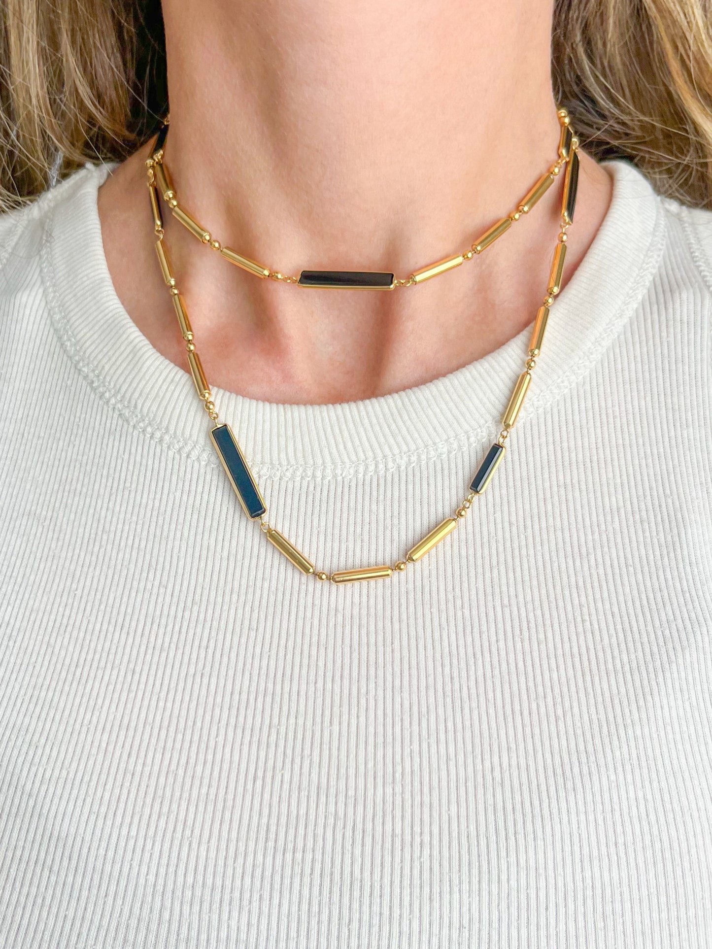 Vintage Onyx 14k Yellow Gold Ball and Bar 30 Inch Chain