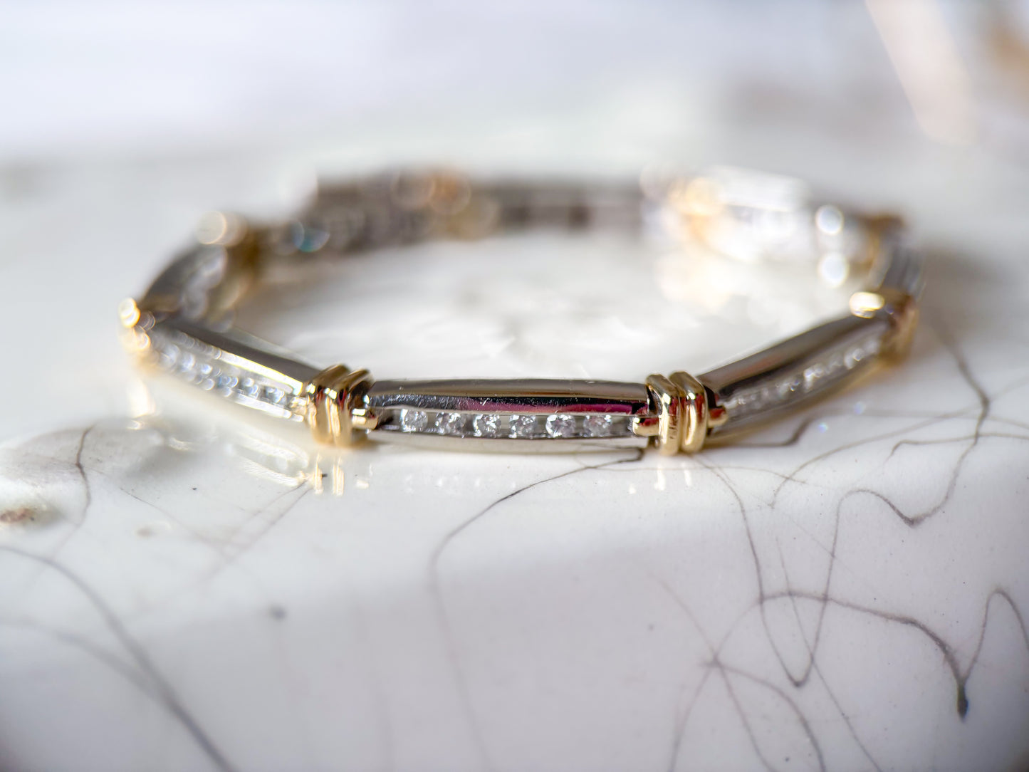 Vintage Natural Diamond Two Toned 14k White and Yellow Gold 7 Inch Bracelet