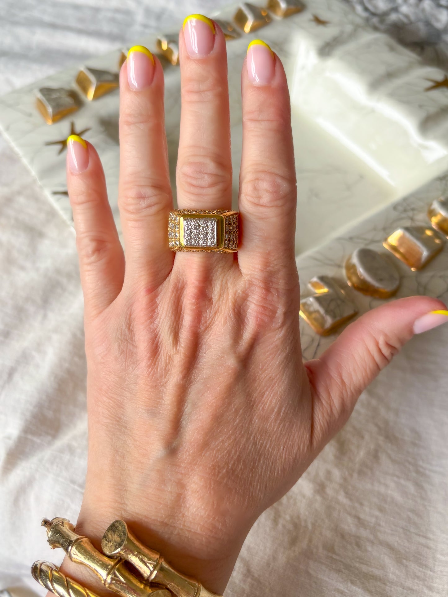 Vintage 18k Yellow Gold Natural Diamond Statement Ring, Circa 1960s