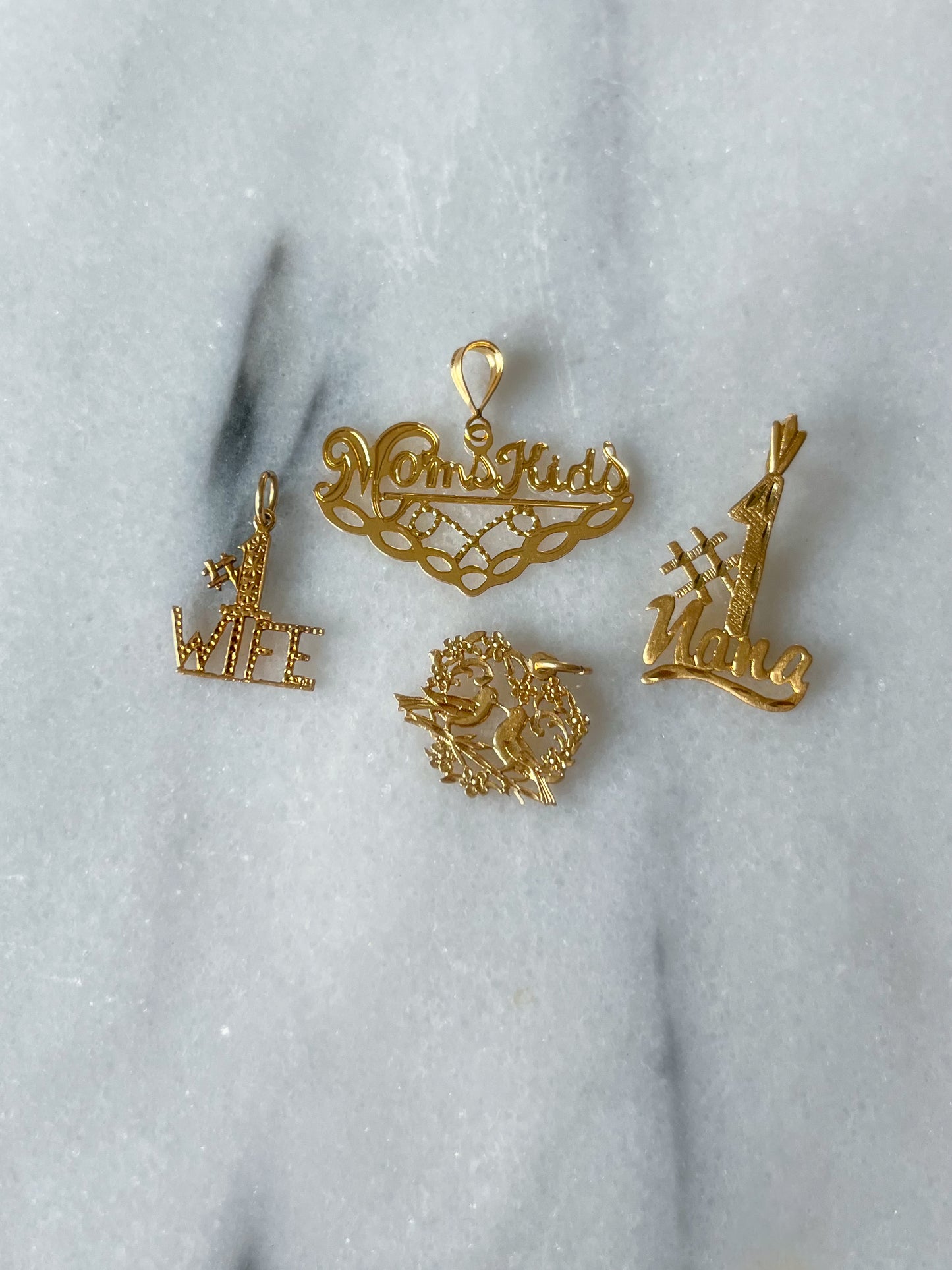 Various Vintage Charms "Mom and Kids" and Birds 14k Yellow Gold Charms