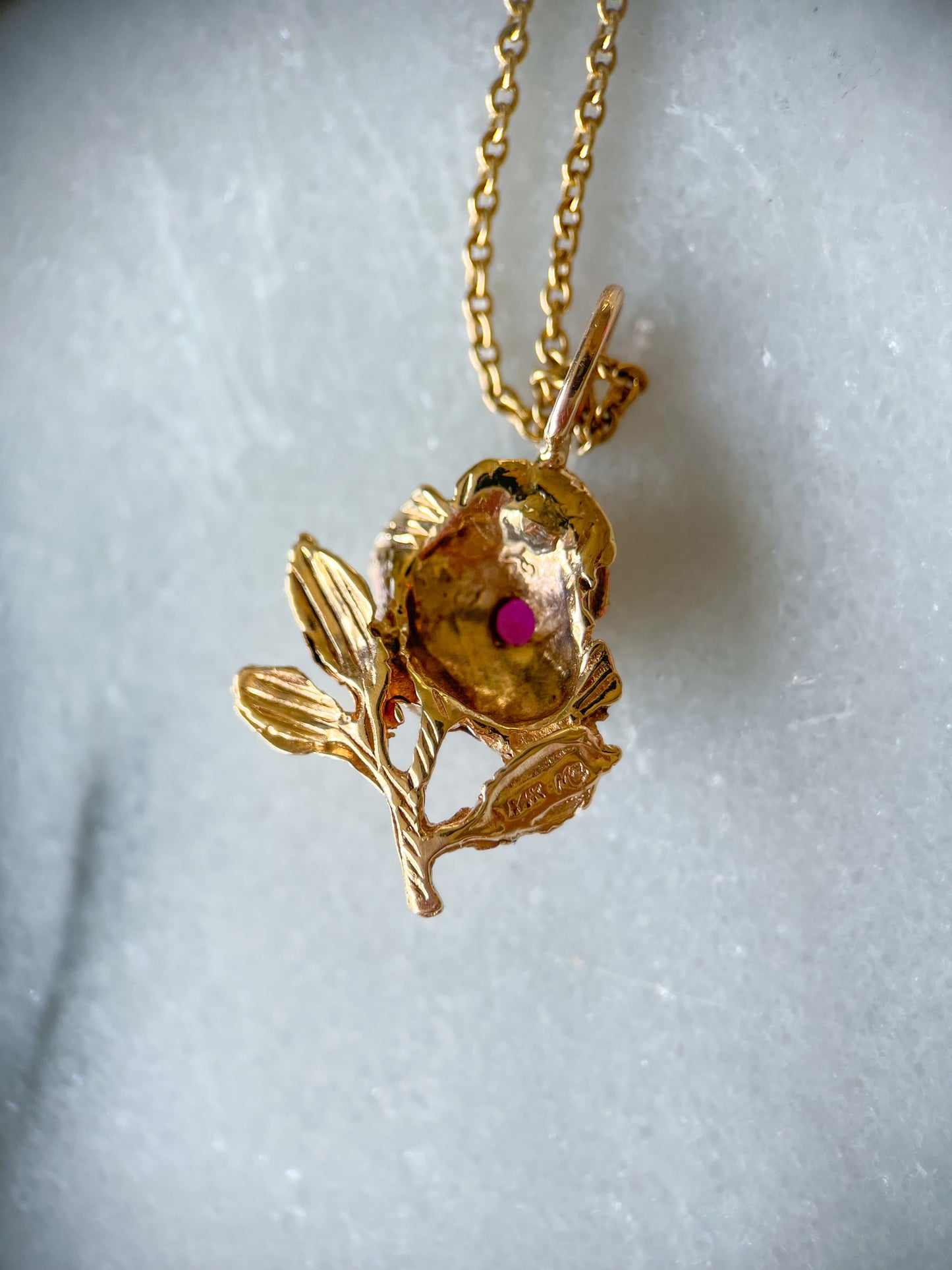 Vintage Rose With Natural Ruby 14k Yellow Gold Charm