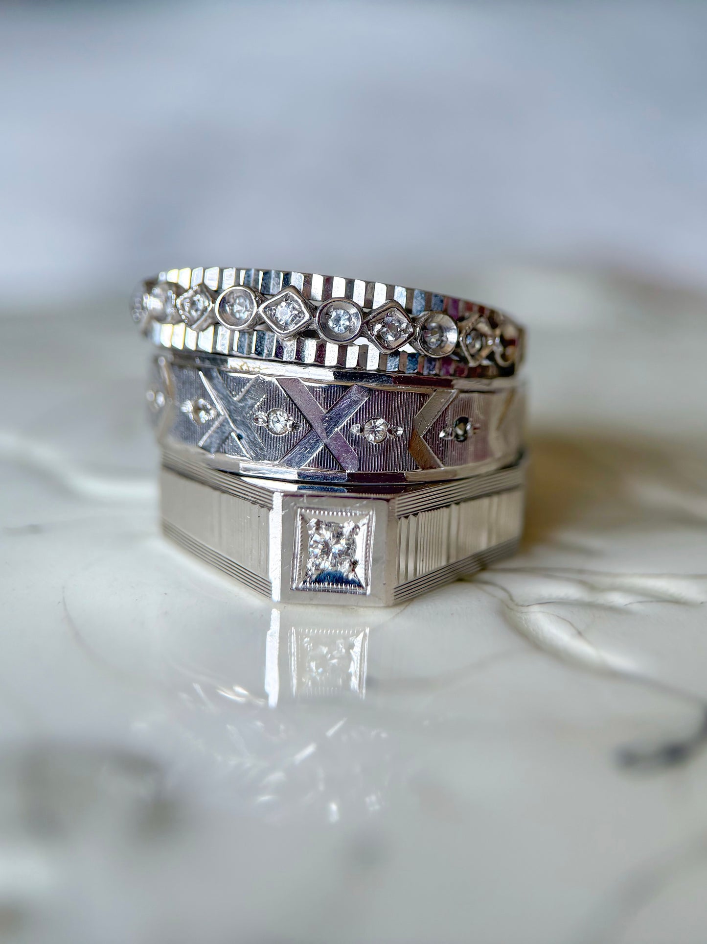 Various Vintage Natural Diamond 18k White Gold Rings