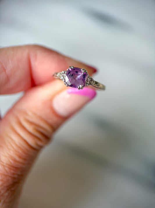 Vintage Amethyst and Natural Diamond 14k White Gold Ring