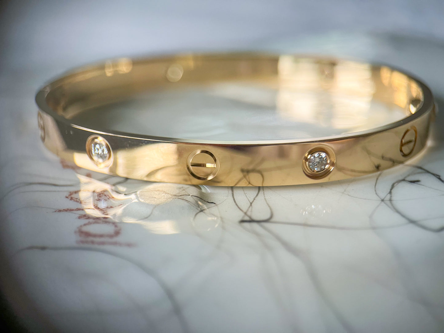 Size 19 18k Yellow Gold Solid Screw and Natural Diamond Bangle