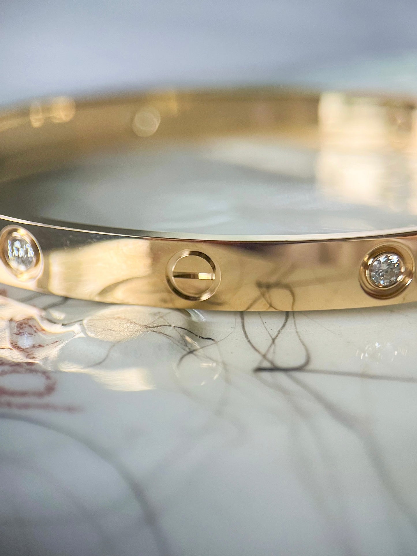 Size 19 18k Yellow Gold Solid Screw and Natural Diamond Bangle