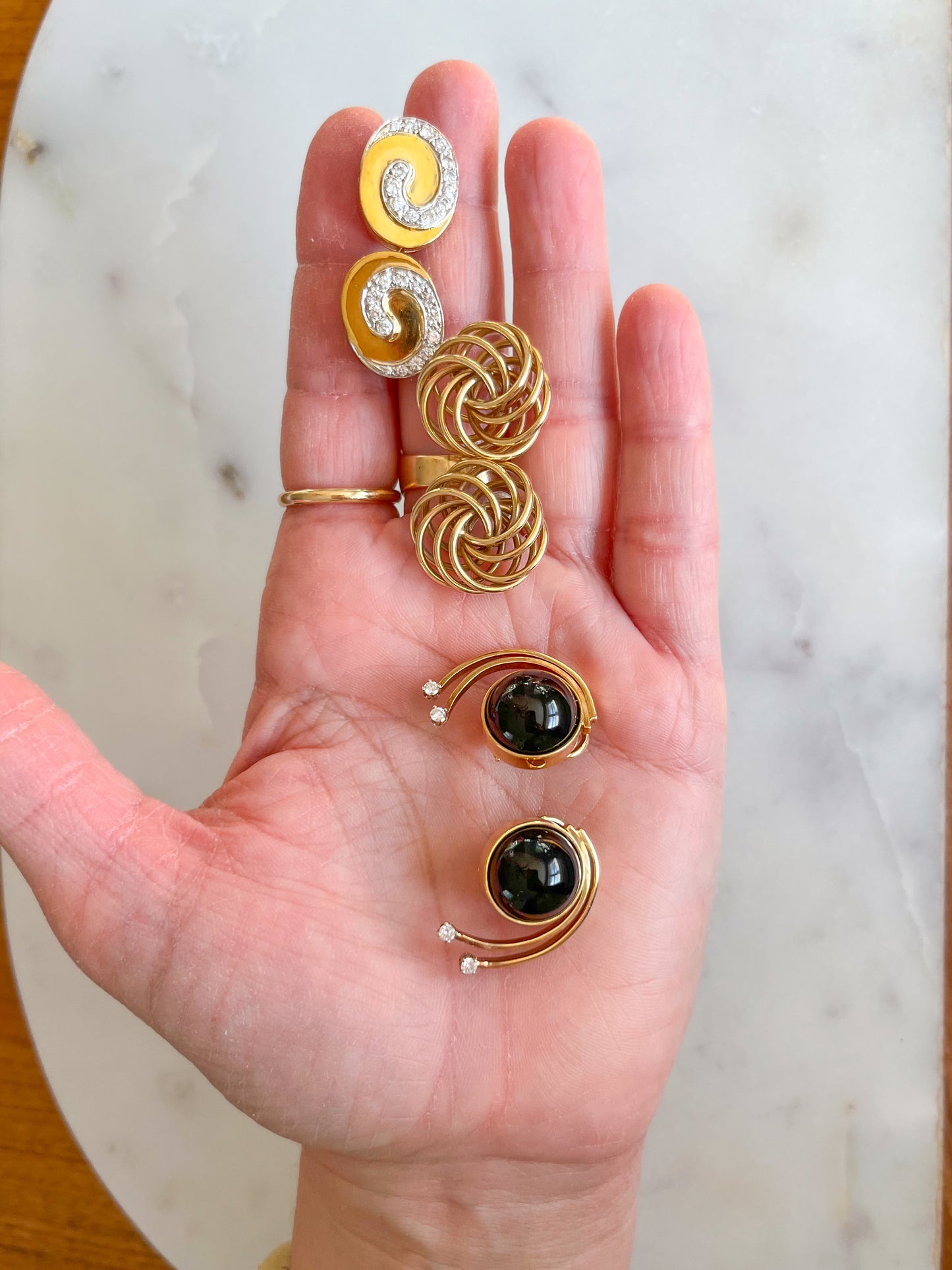 Vintage Onyx and Natural Diamond 14k Yellow Gold Large Stud Earrings, circa 1980s