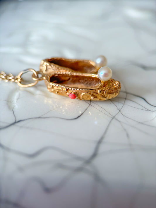 Vintage Ballet Shoes with Natural Coral, Turquoise and Pearls 14k Yellow Gold Charm