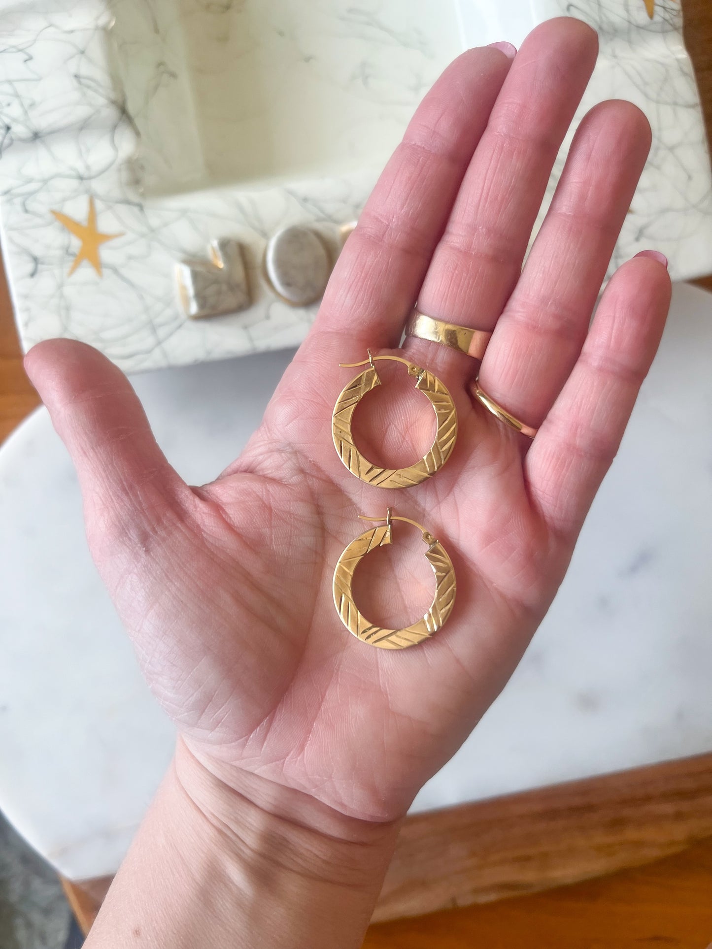 Vintage Large Flat Etched 14k Yellow Gold Hoop Earrings