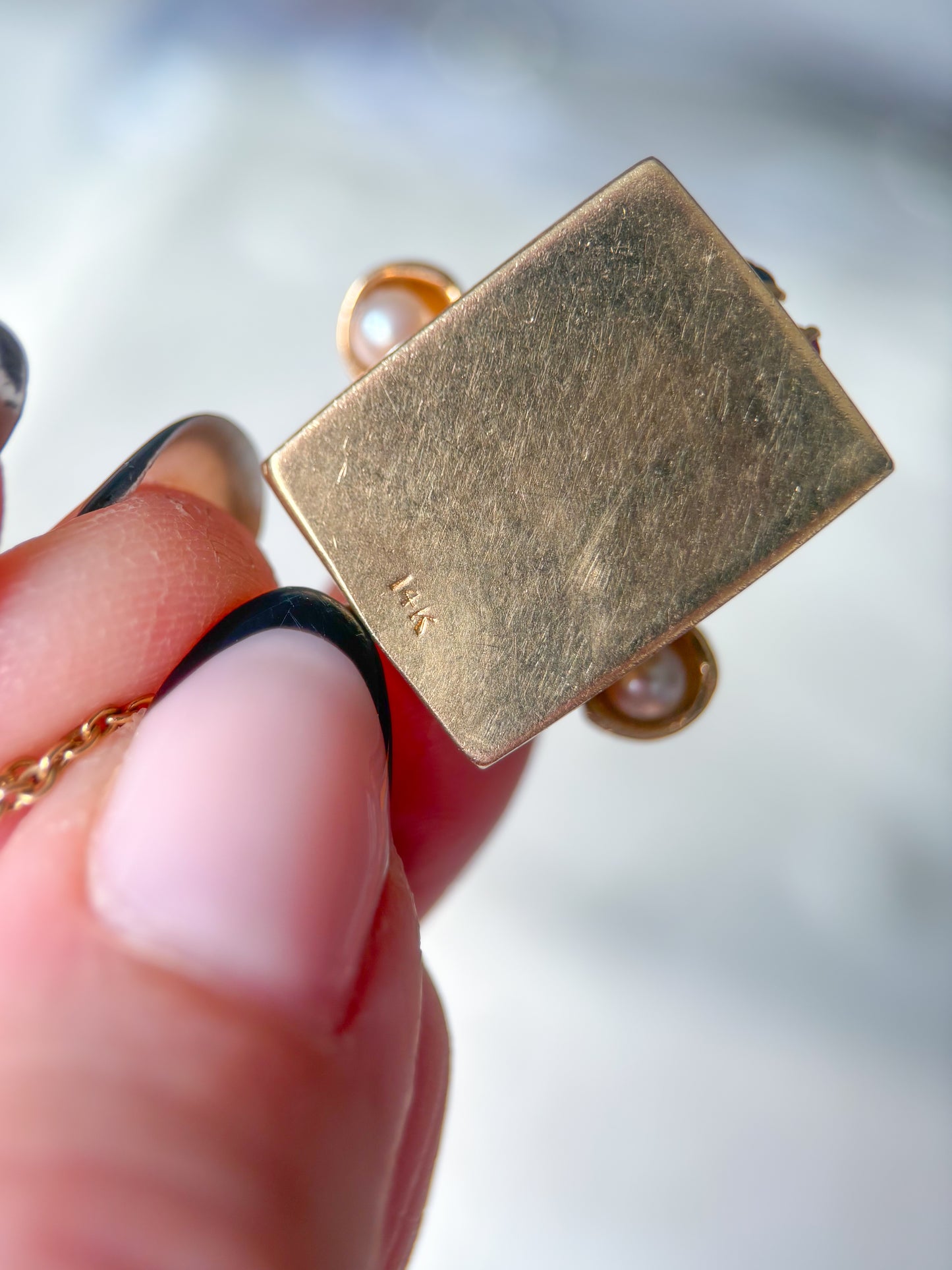 Vintage Telephone with Natural Rubies, Sapphires and a Pearl 14k Yellow Gold Charm
