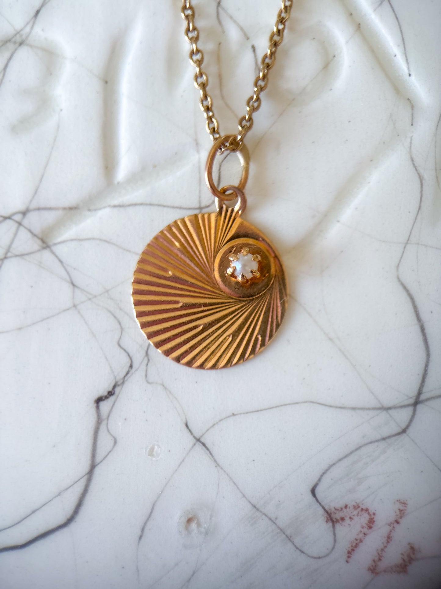 Vintage Engine Turned Circle 14k Yellow Gold Charm with Pearl