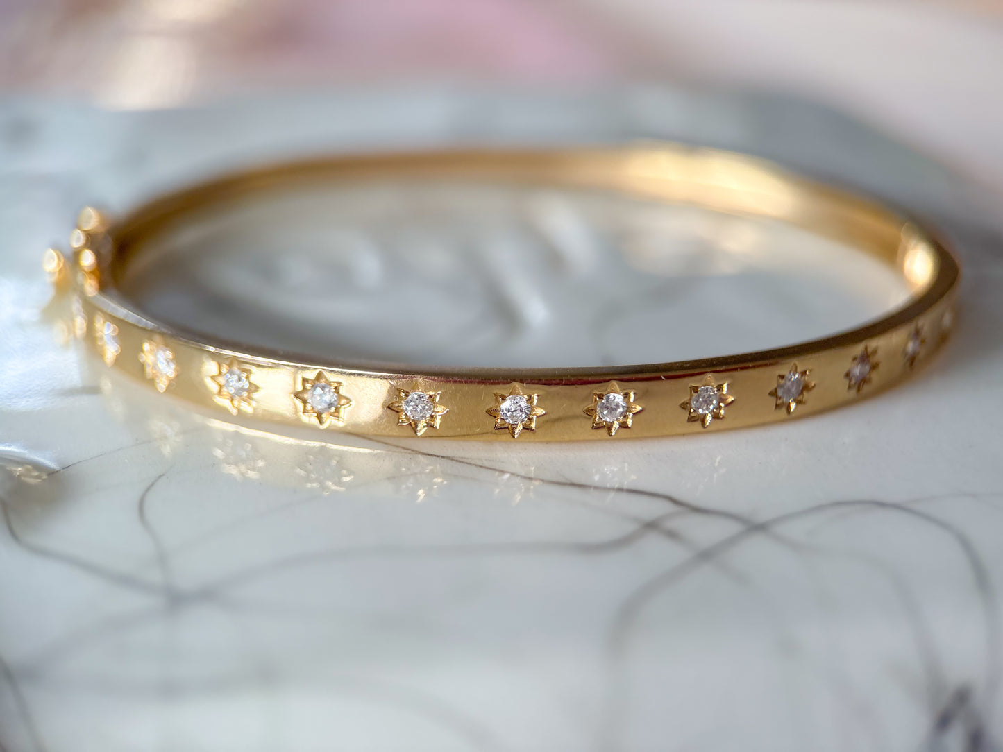 Natural Diamond Starburst 14k Yellow Gold 6 Inch Bangle