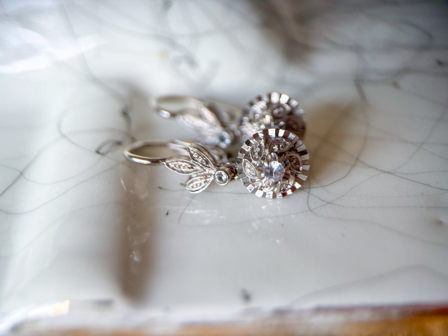 Vintage 18k White Gold Dangle Earrings with CZs