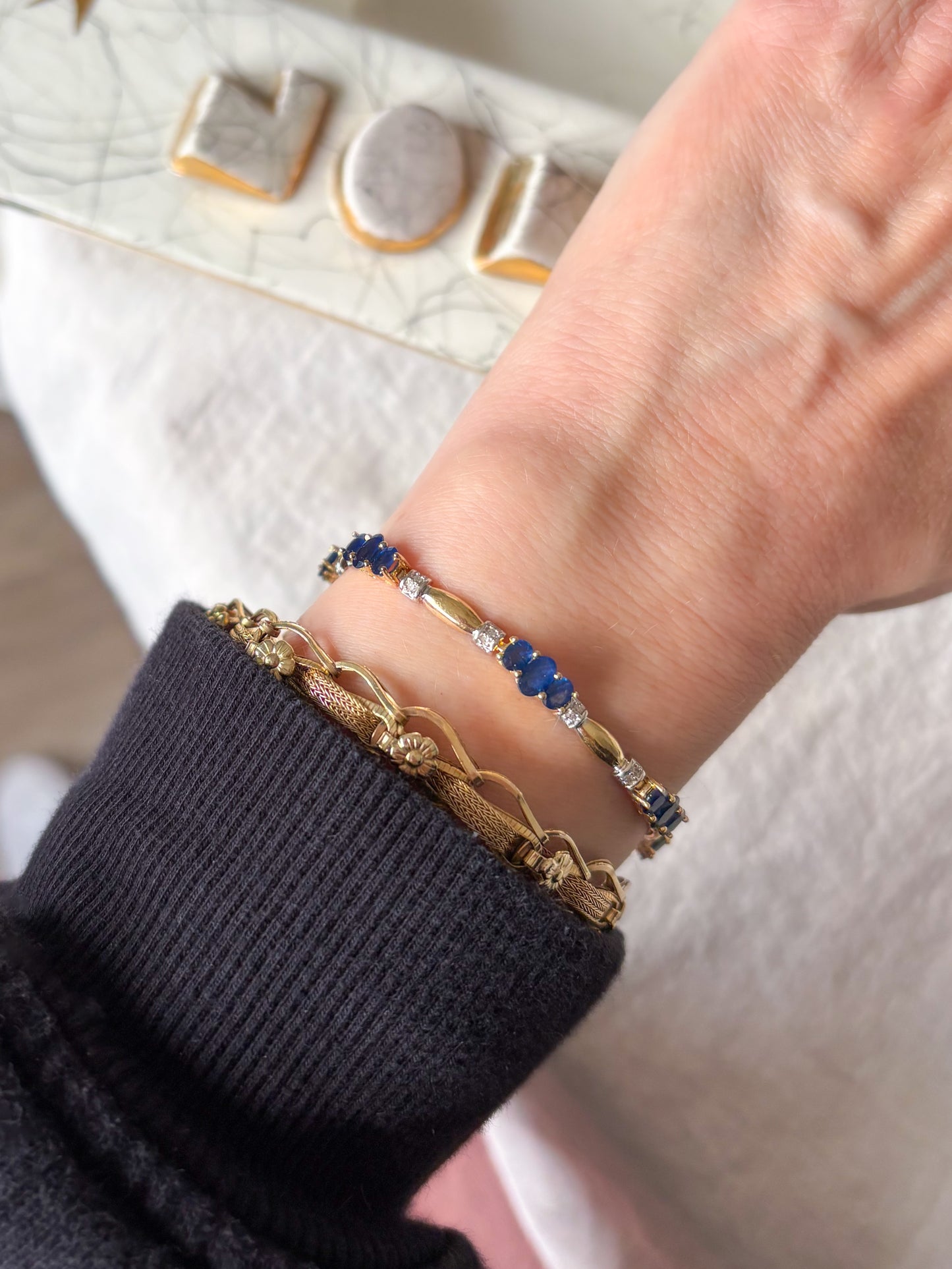 Vintage Natural Sapphire and Diamond 14k Yellow Gold Tennis Bracelet