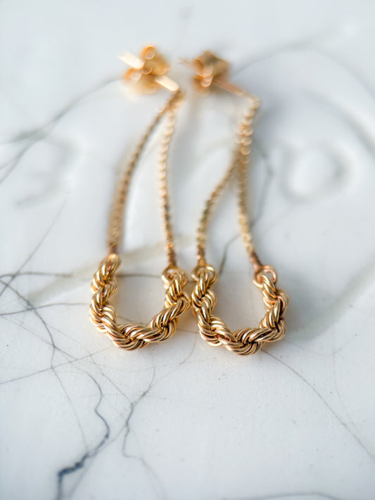 Vintage Dangle Rope 14k Yellow Gold Earrings