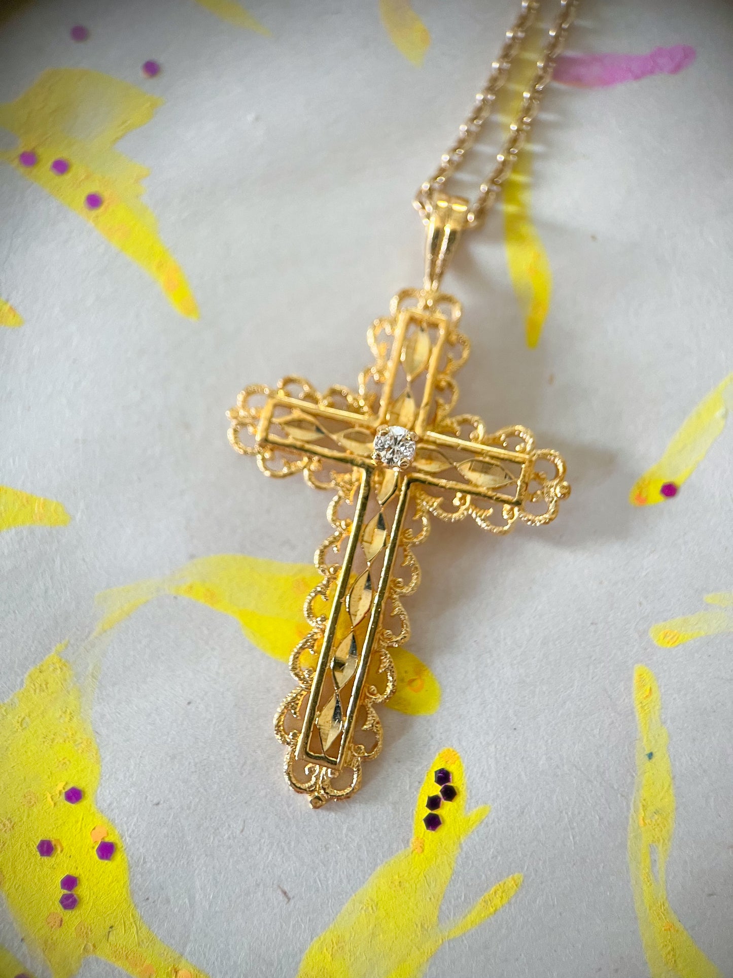 Vintage Natural Diamond Cross 14k Yellow Gold Charm