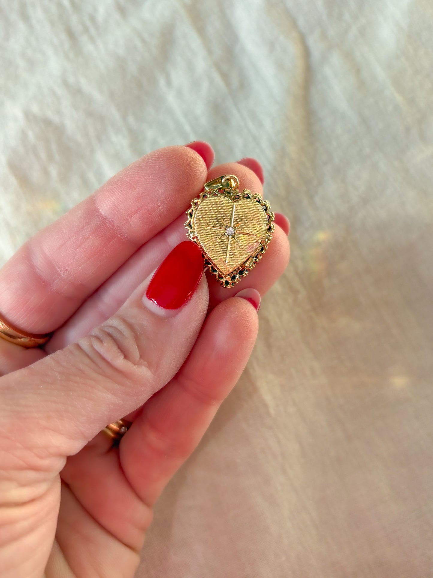 Vintage Heart Locket with Natural Diamond 14k Yellow Gold Charm