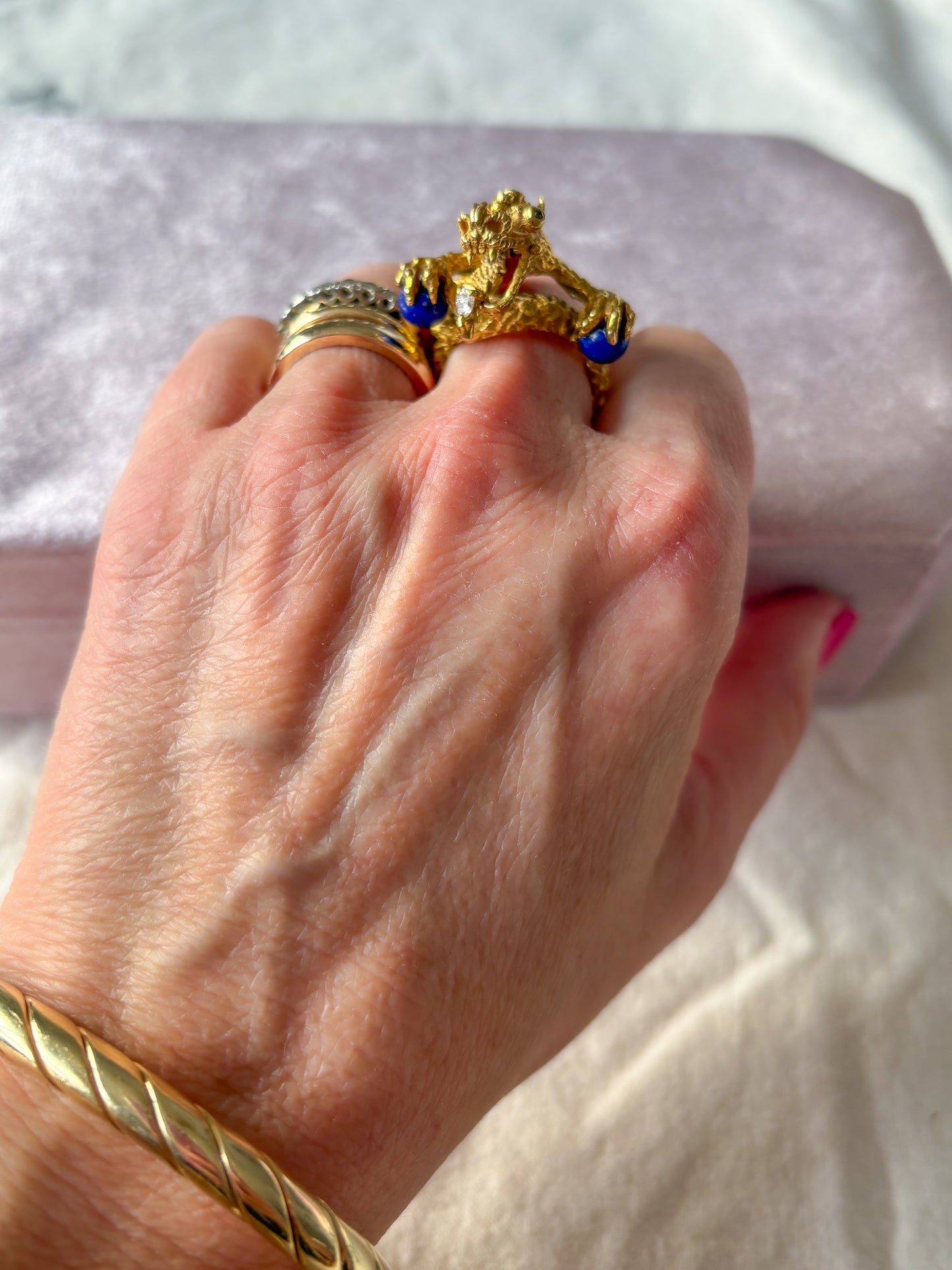 Vintage Mother of Dragons Ring with Natural Diamonds and Lapis Lazuli 18k Yellow Gold Statement Ring